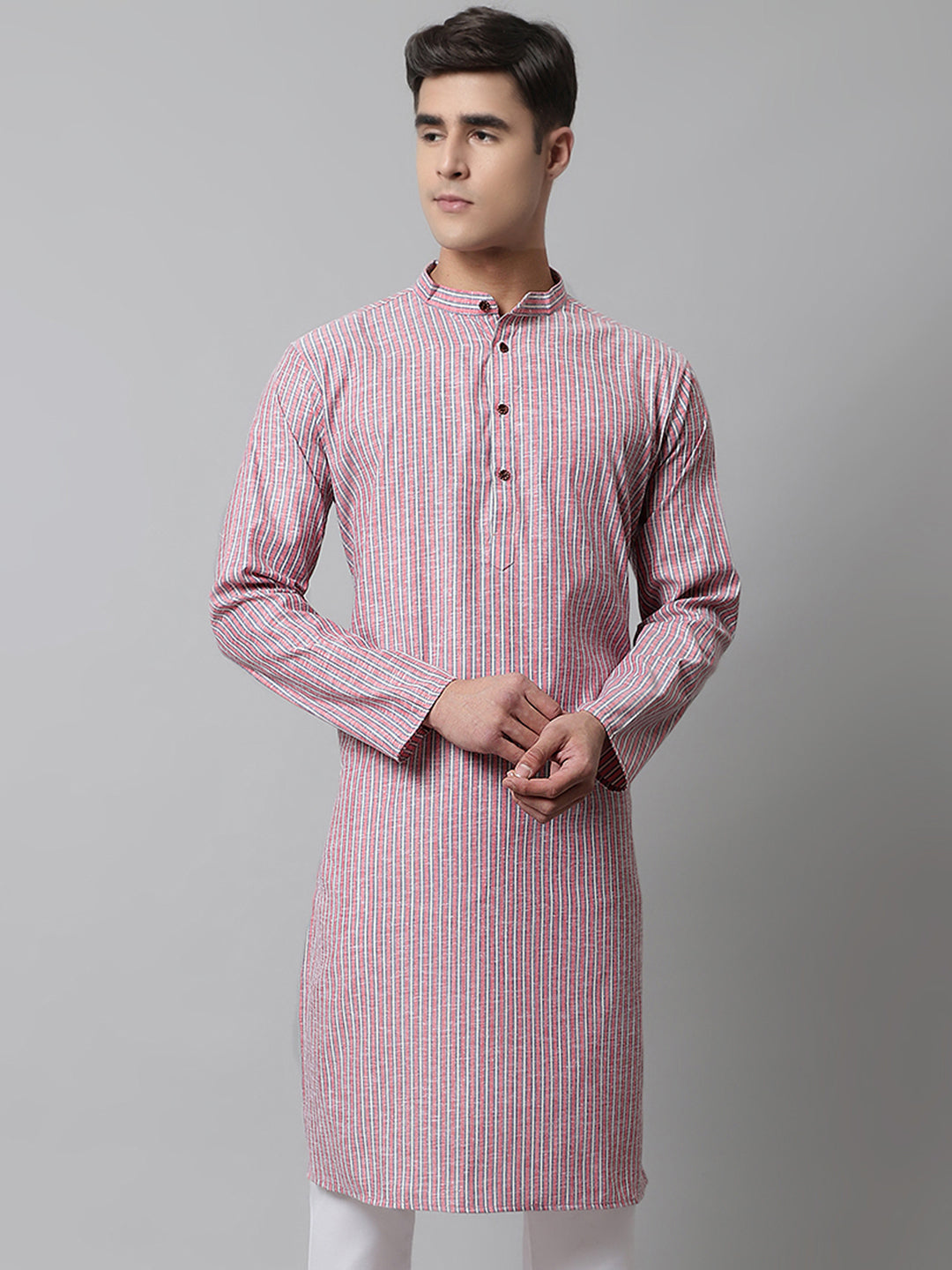 Jompers Men's Coral Red Striped Kurta - Distacart