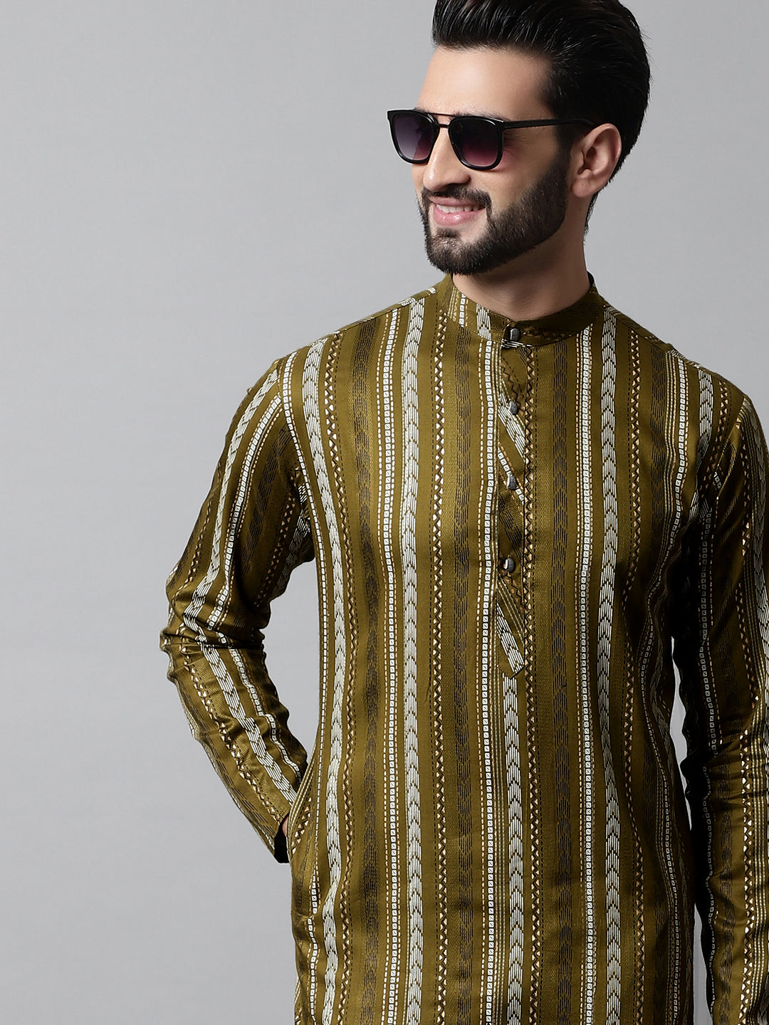 Jompers Men's Olive Green Foil Printed Kurta - Distacart