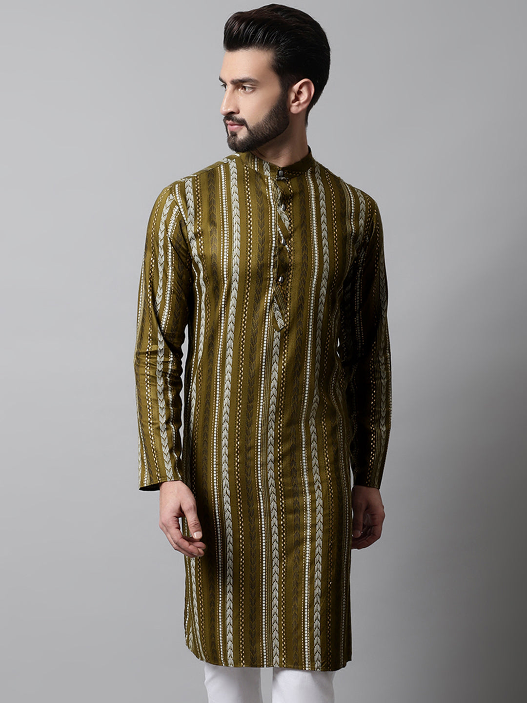 Jompers Men's Olive Green Foil Printed Kurta - Distacart