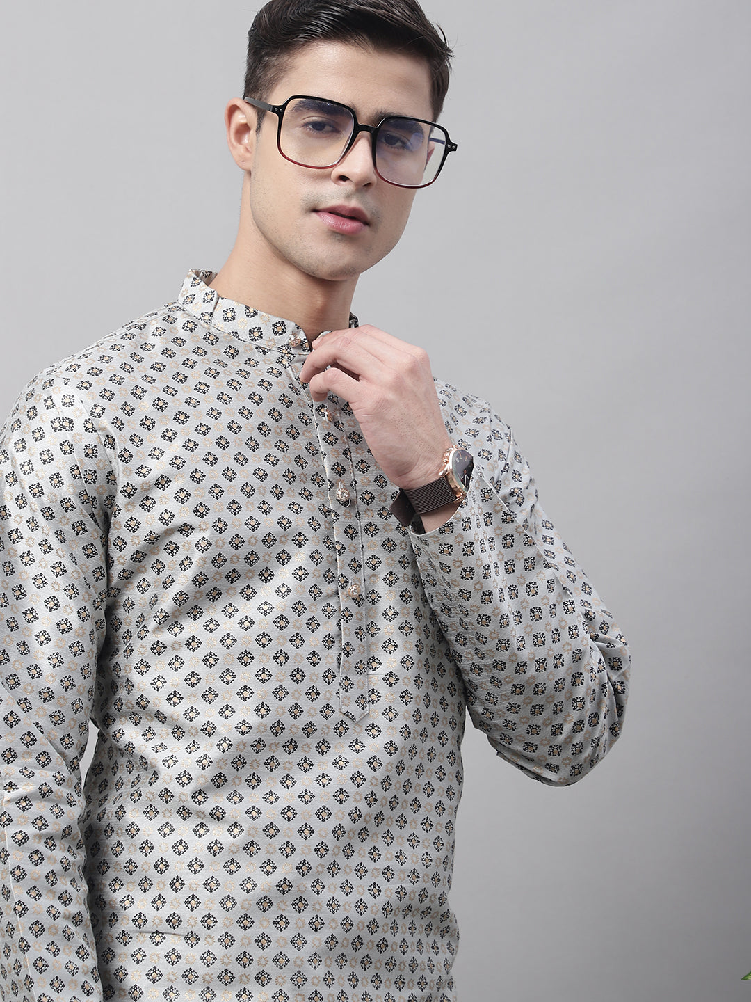 Jompers Men's Grey Printed Silk Blend Kurta - Distacart