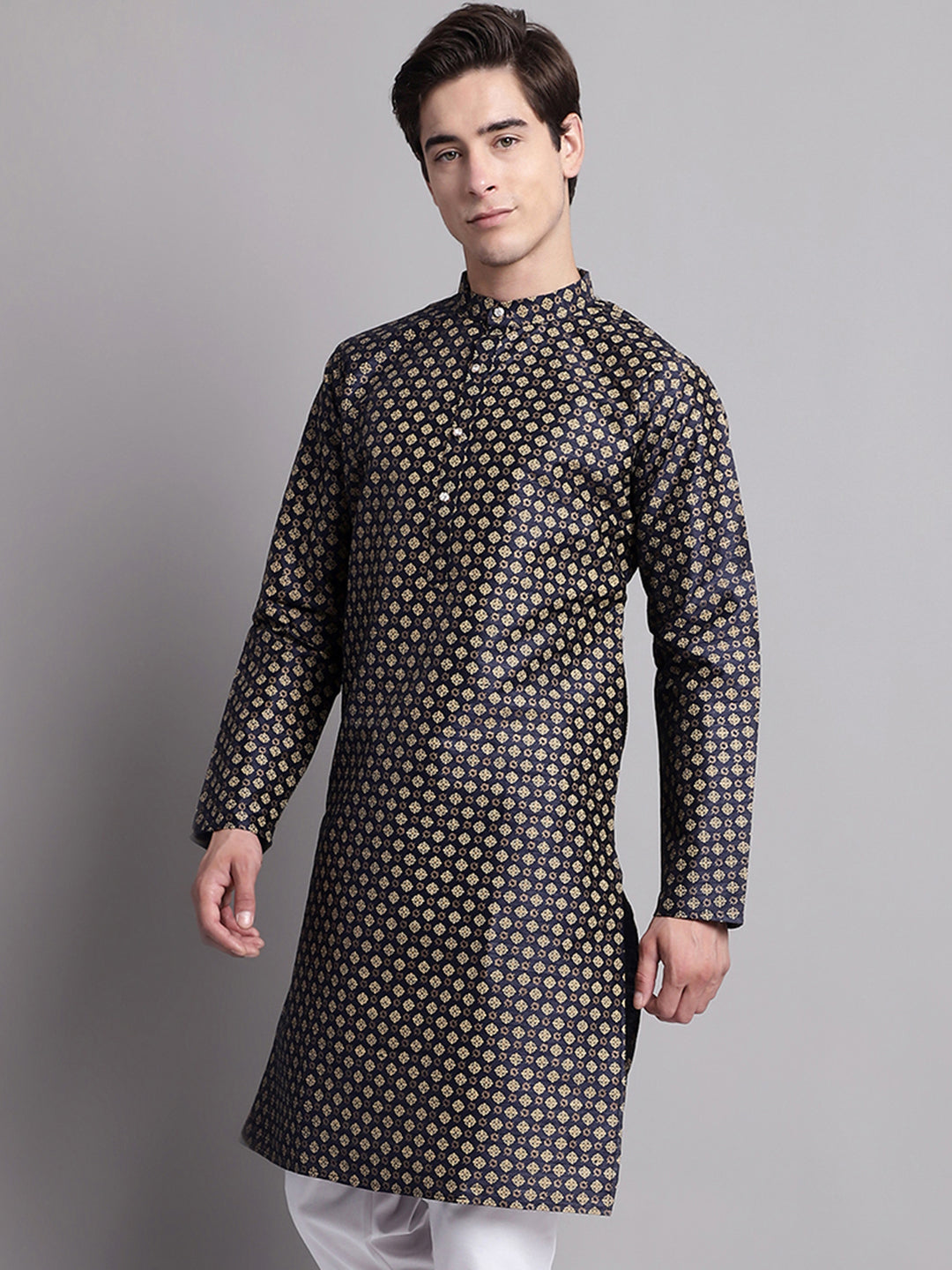 Jompers Men's Navy Blue Printed Silk Blend Kurta - Distacart