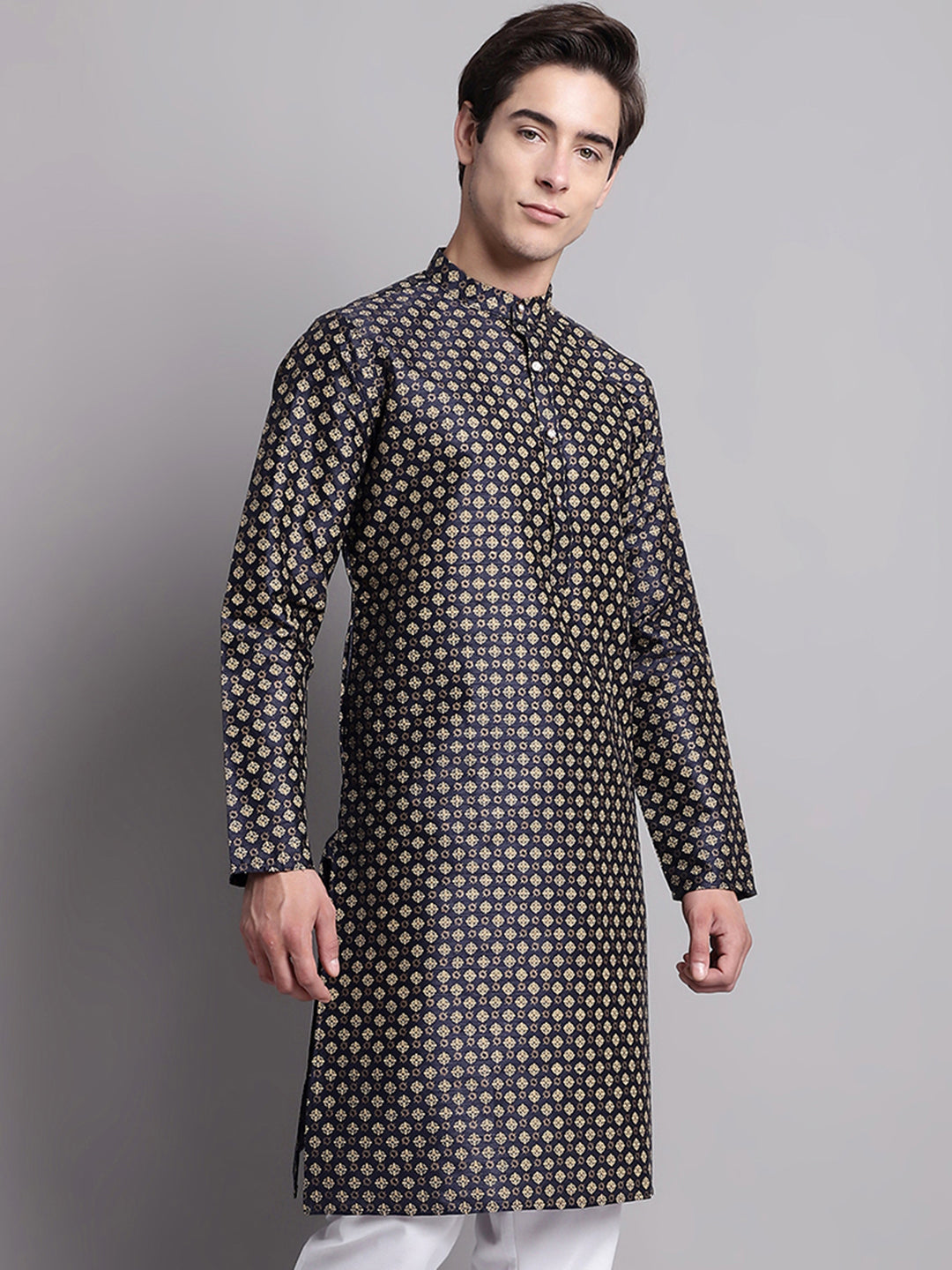 Jompers Men's Navy Blue Printed Silk Blend Kurta - Distacart