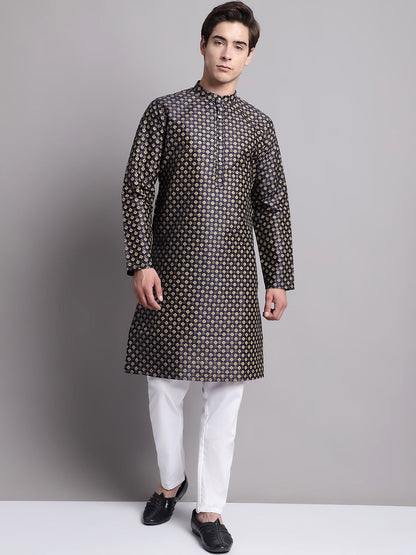 Jompers Men's Navy Blue Printed Silk Blend Kurta - Distacart