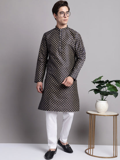 Jompers Men's Navy Blue Printed Silk Blend Kurta - Distacart