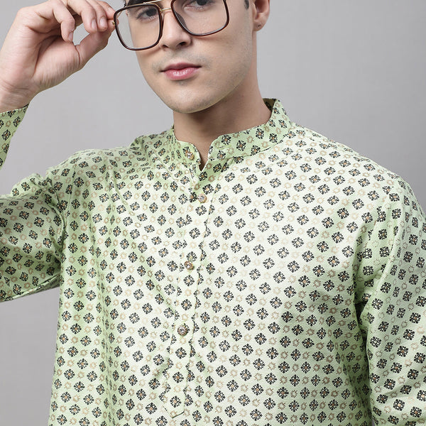Jompers Men's Pista Green Printed Silk Blend Kurta - Distacart