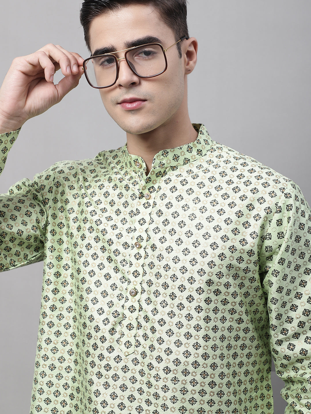 Jompers Men's Pista Green Printed Silk Blend Kurta - Distacart