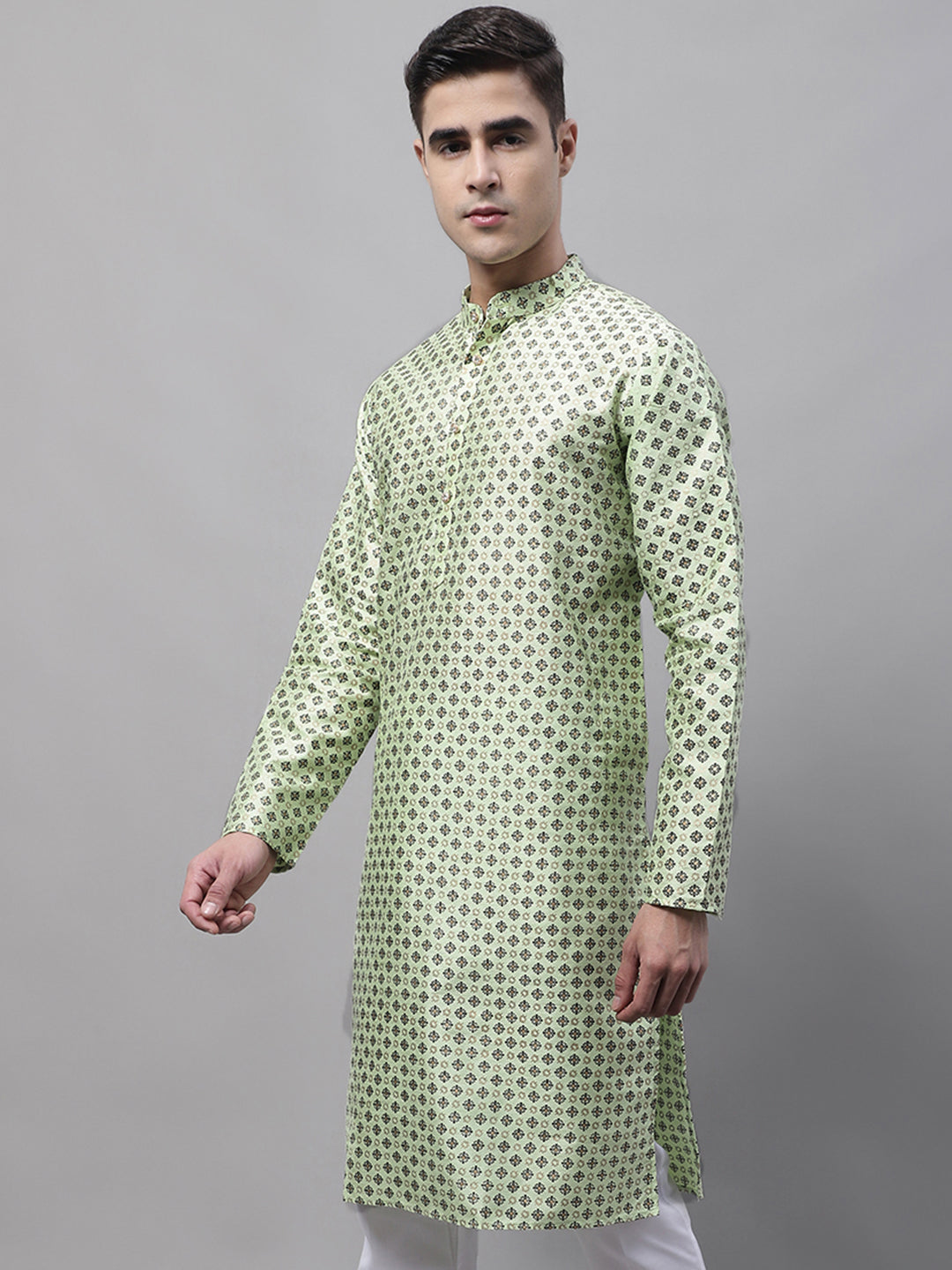 Jompers Men's Pista Green Printed Silk Blend Kurta - Distacart