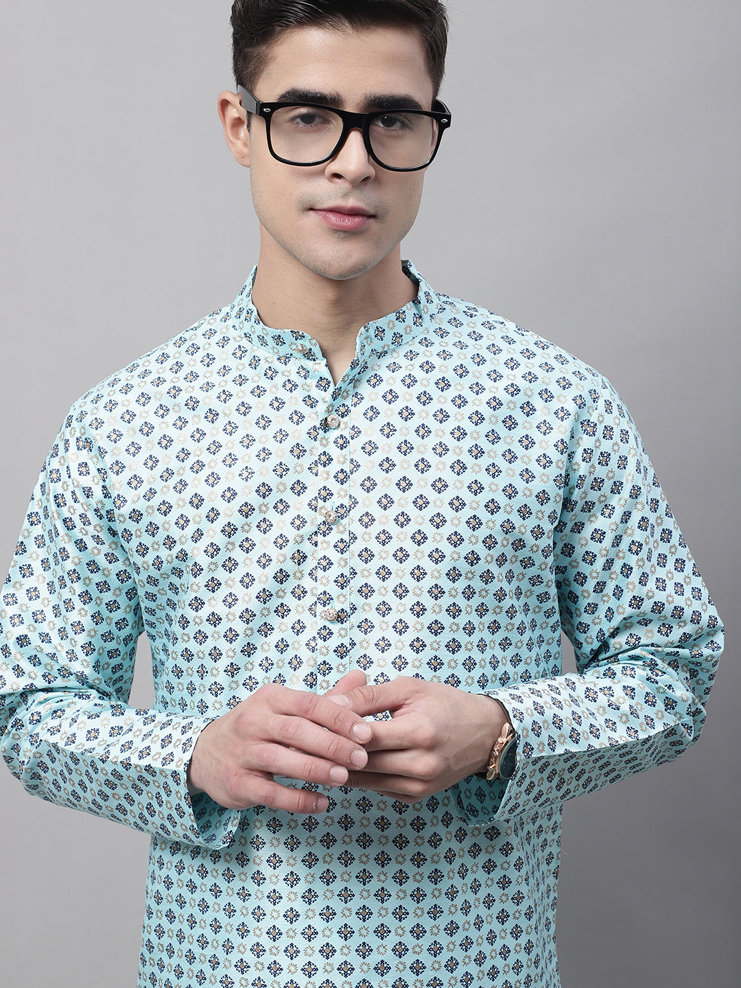 Jompers Men's Sky Blue Printed Silk Blend Kurta - Distacart