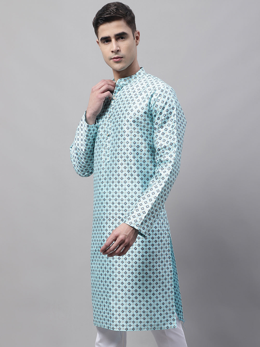 Jompers Men's Sky Blue Printed Silk Blend Kurta - Distacart