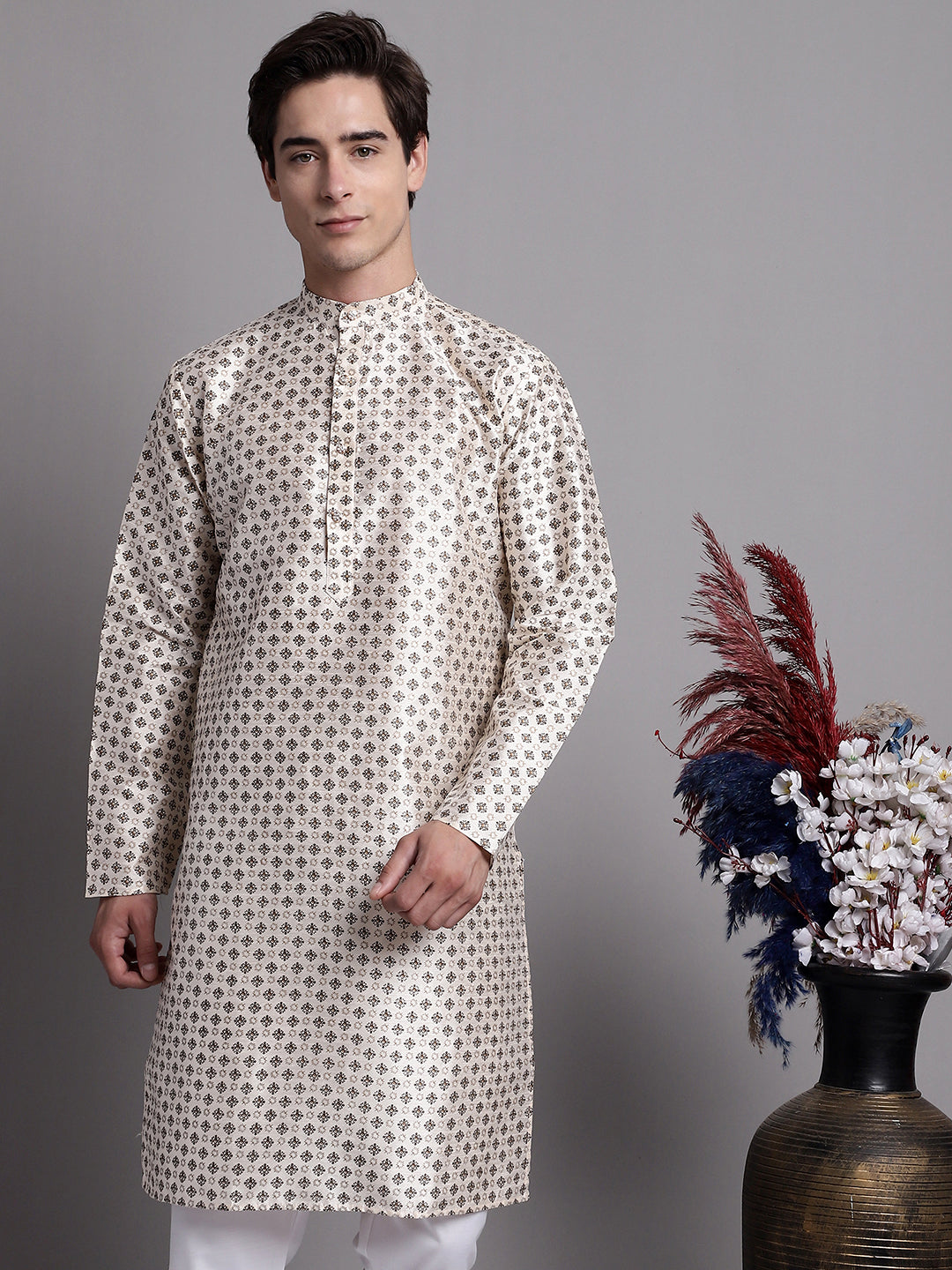 Jompers Men's Grey Printed Silk Blend Kurta - Distacart