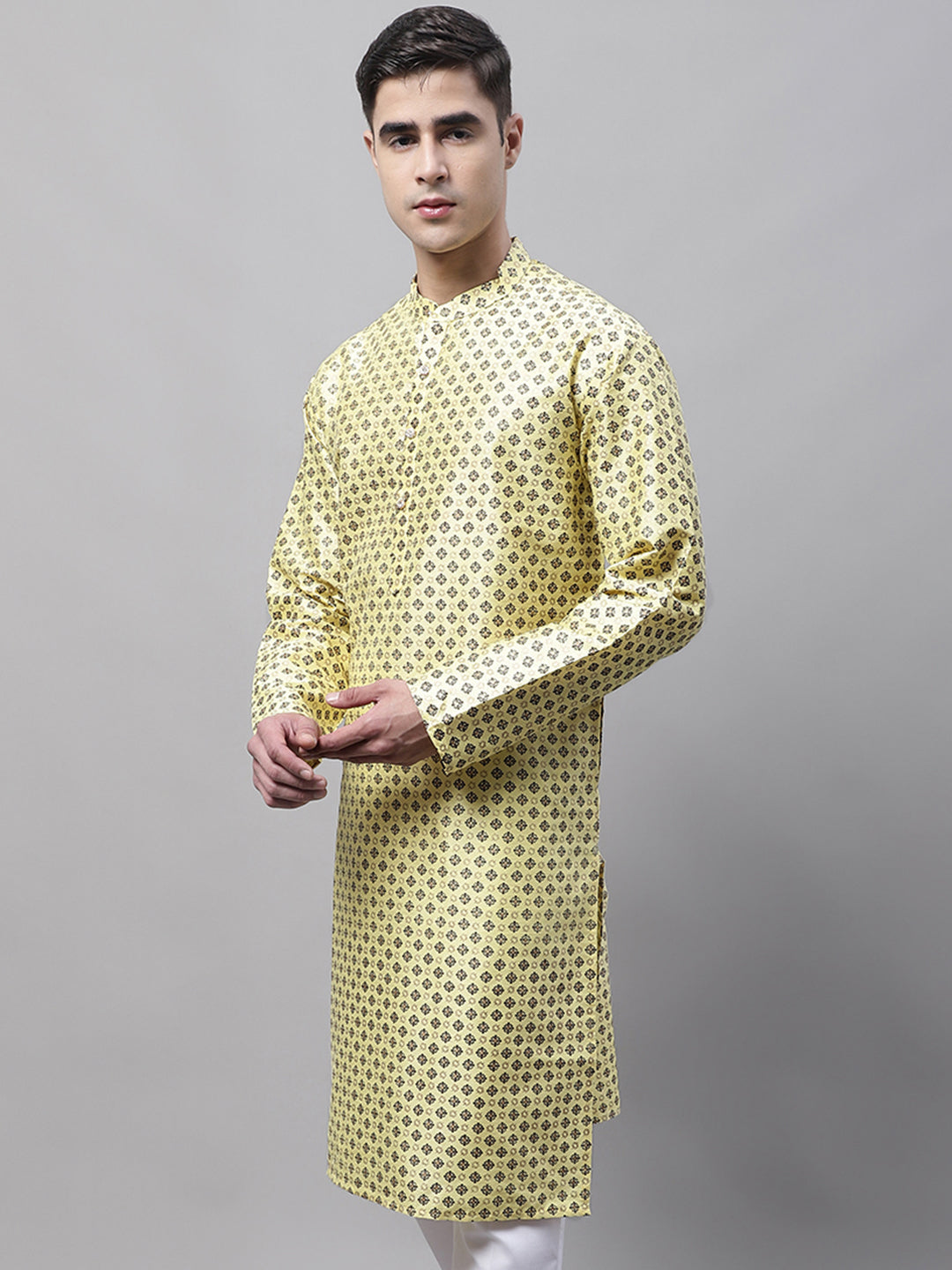 Jompers Men's Yellow Printed Silk Blend Kurta - Distacart