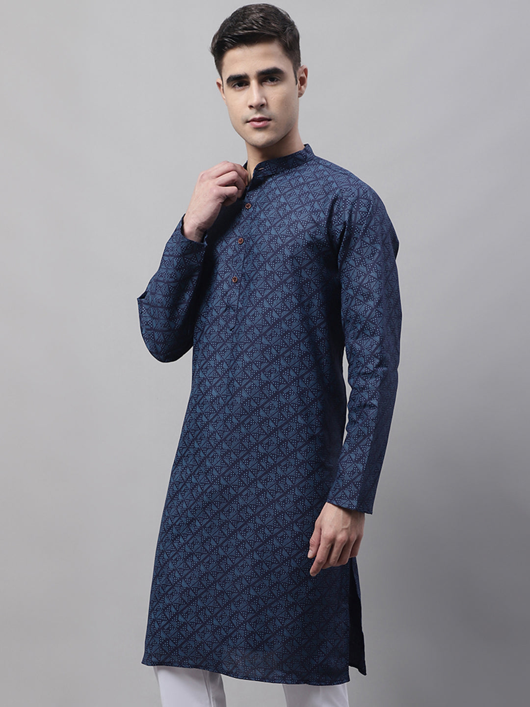 Jompers Men's Navy Blue Printed Pure Cotton Kurta - Distacart