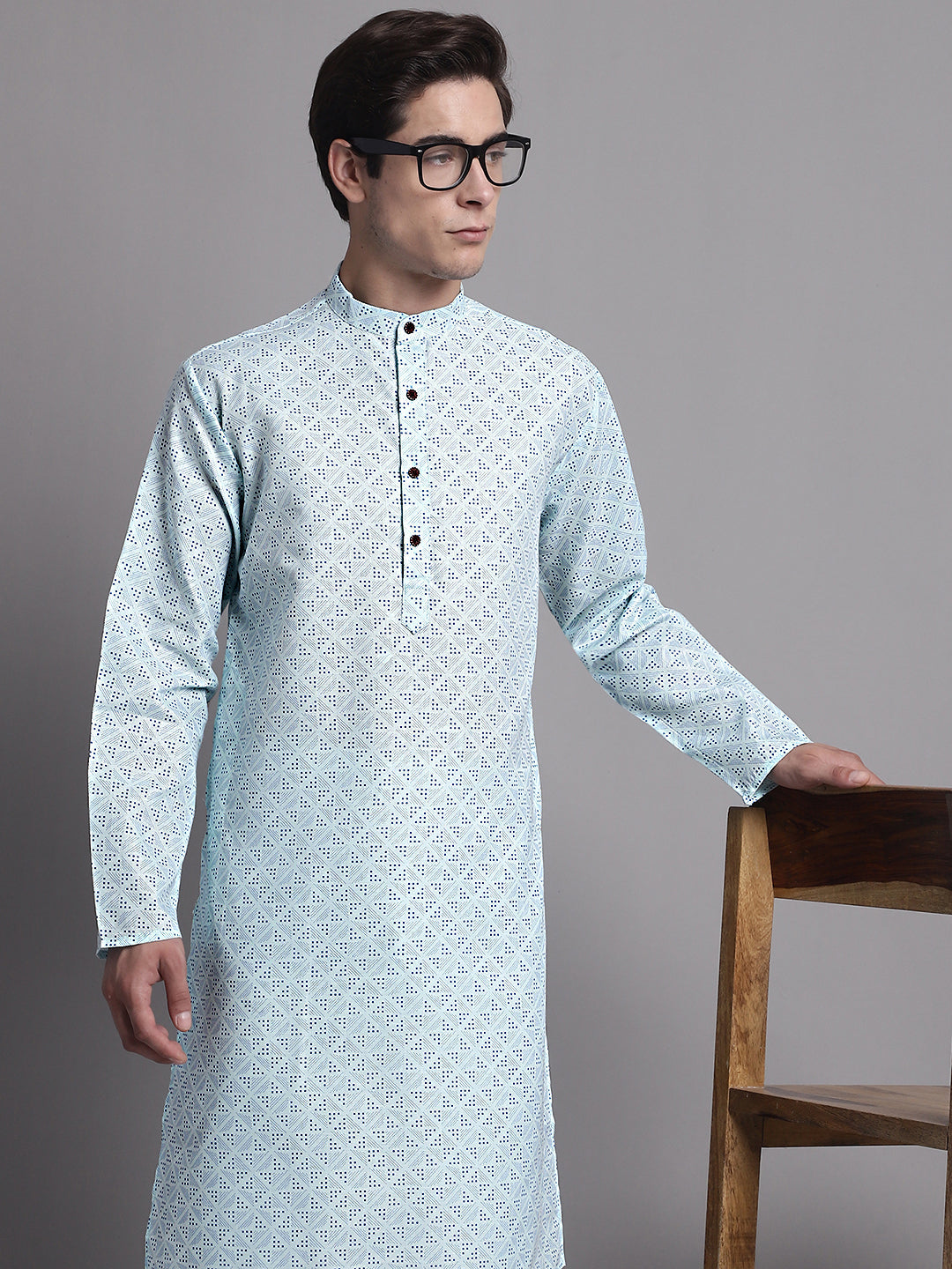 Jompers Men's Sky Blue Printed Pure Cotton Kurta - Distacart