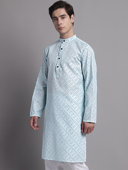Jompers Men's Sky Blue Printed Pure Cotton Kurta - Distacart