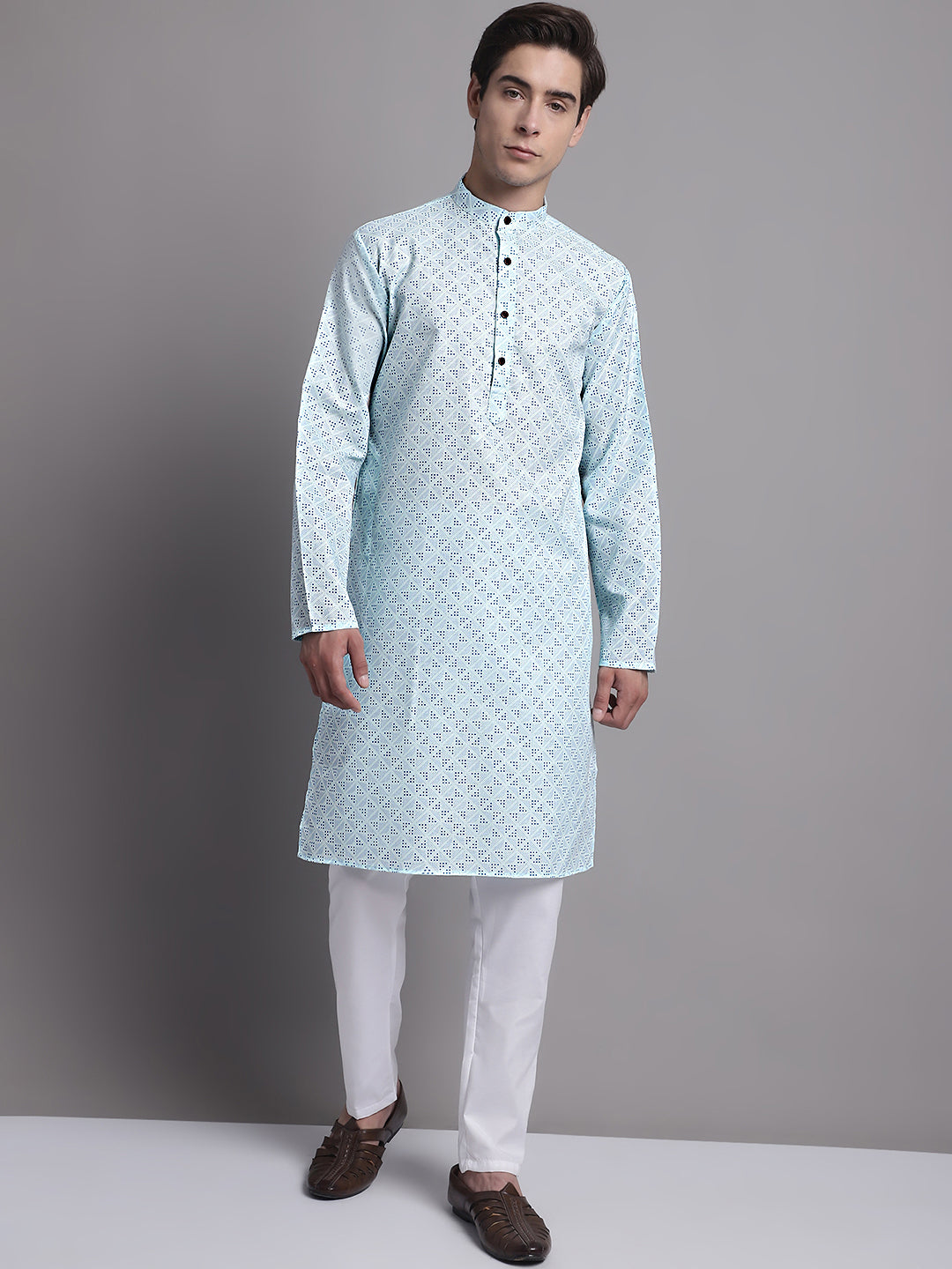 Jompers Men's Sky Blue Printed Pure Cotton Kurta - Distacart