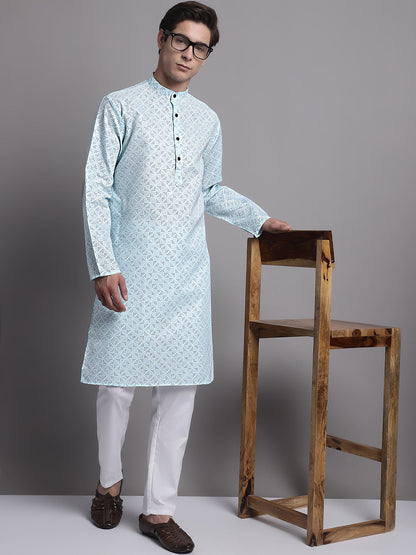 Jompers Men's Sky Blue Printed Pure Cotton Kurta - Distacart