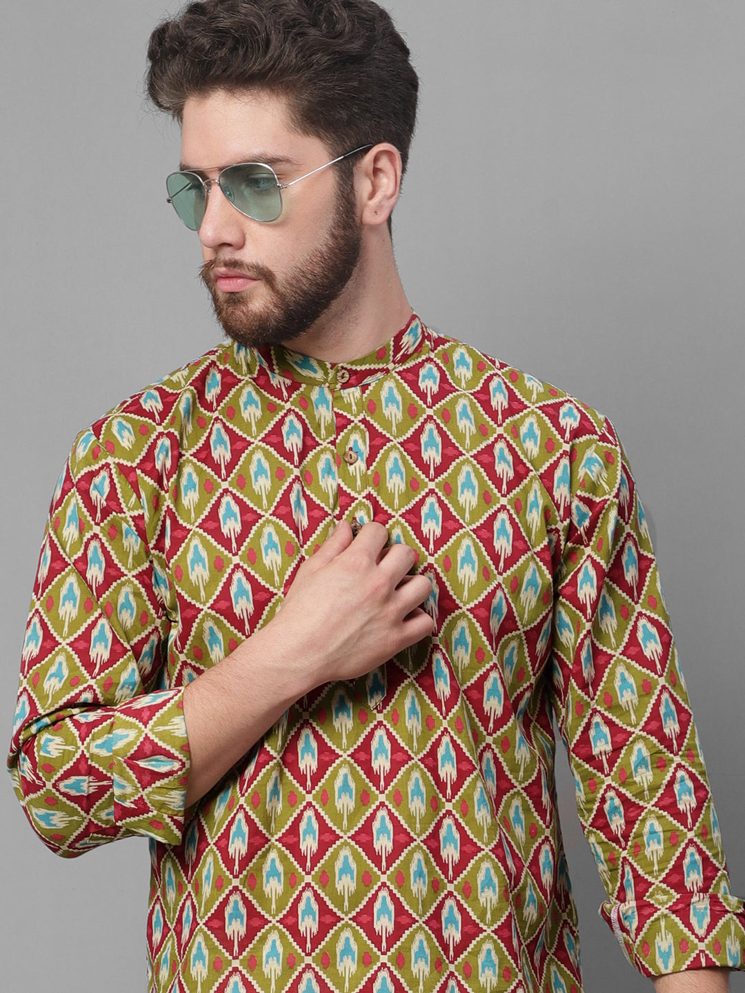 Jompers Men's Olive and Maroon Ikkat Printed Short Kurta - Distacart