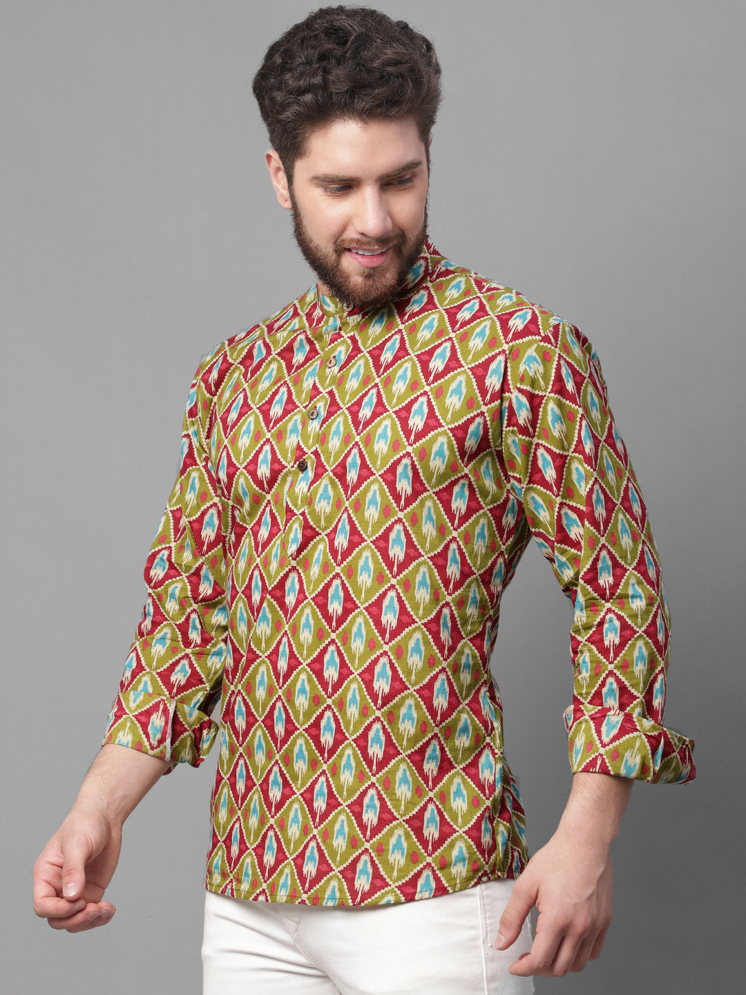Jompers Men's Olive and Maroon Ikkat Printed Short Kurta - Distacart
