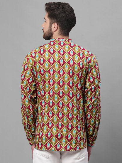 Jompers Men's Olive and Maroon Ikkat Printed Short Kurta - Distacart