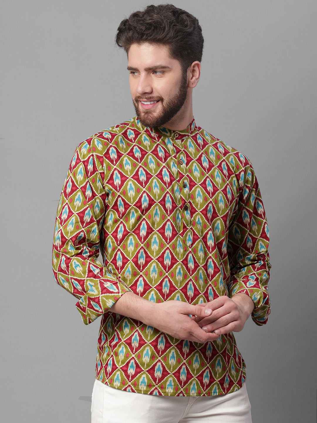 Jompers Men's Olive and Maroon Ikkat Printed Short Kurta - Distacart
