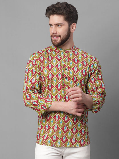 Jompers Men's Olive and Maroon Ikkat Printed Short Kurta - Distacart
