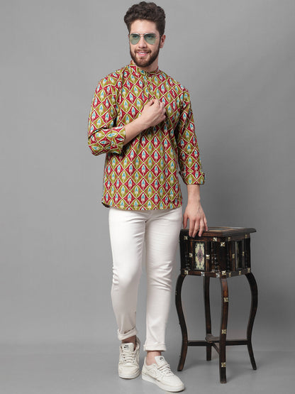 Jompers Men's Olive and Maroon Ikkat Printed Short Kurta - Distacart