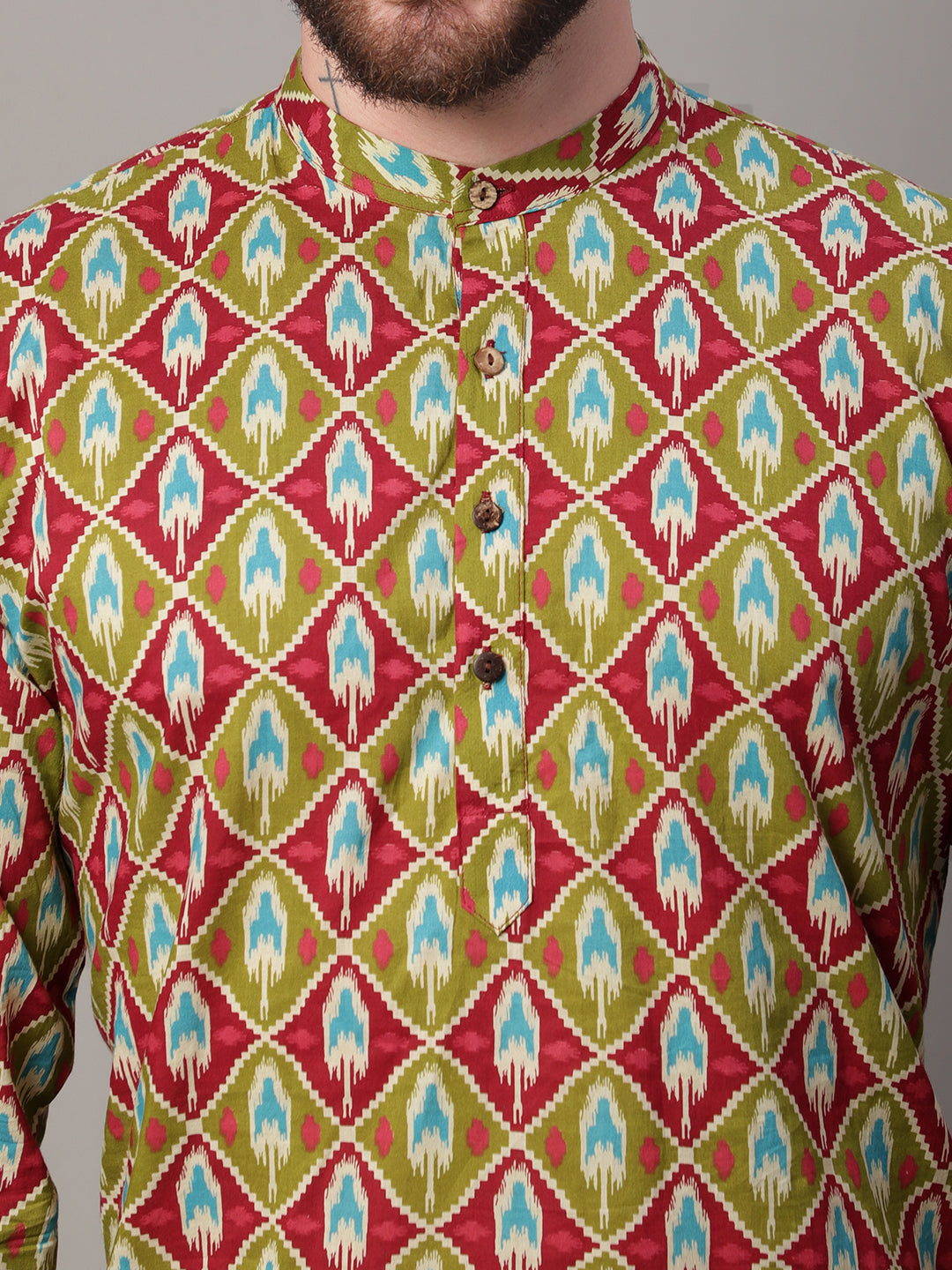 Jompers Men's Olive and Maroon Ikkat Printed Short Kurta - Distacart