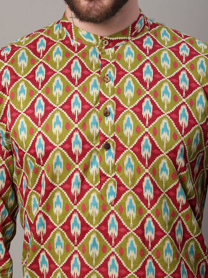 Jompers Men's Olive and Maroon Ikkat Printed Short Kurta - Distacart