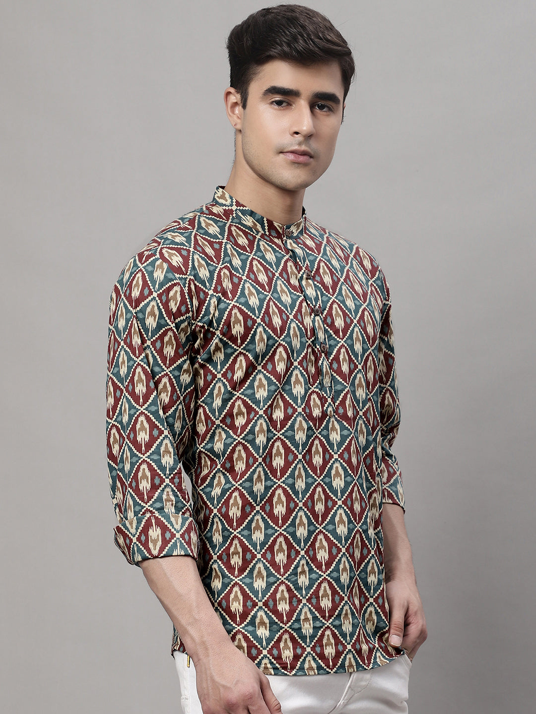 Jompers Men's Blue and Maroon Ikkat Printed Short Kurta - Distacart