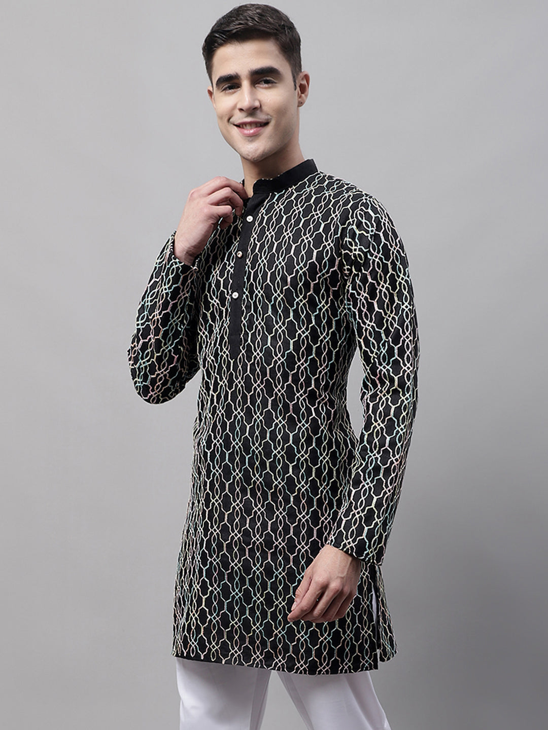 Jompers Men's Black and Multi Coloured Embroidered Straight Kurta - Distacart