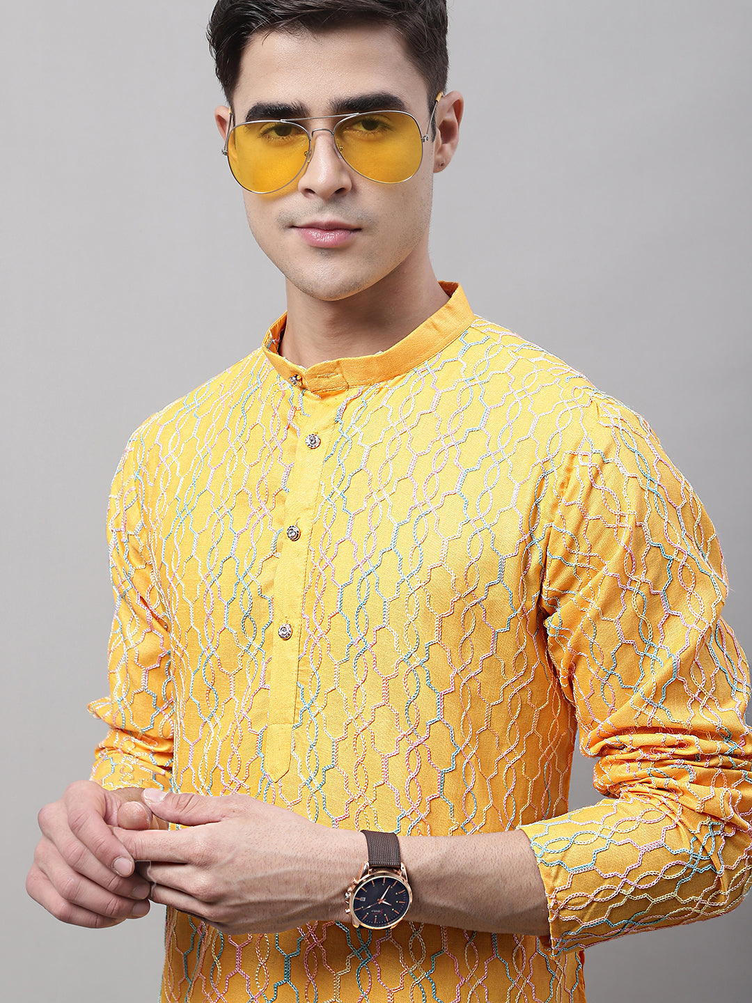 Jompers Men's Mustard and Multi Coloured Embroidered Straight Kurta - Distacart