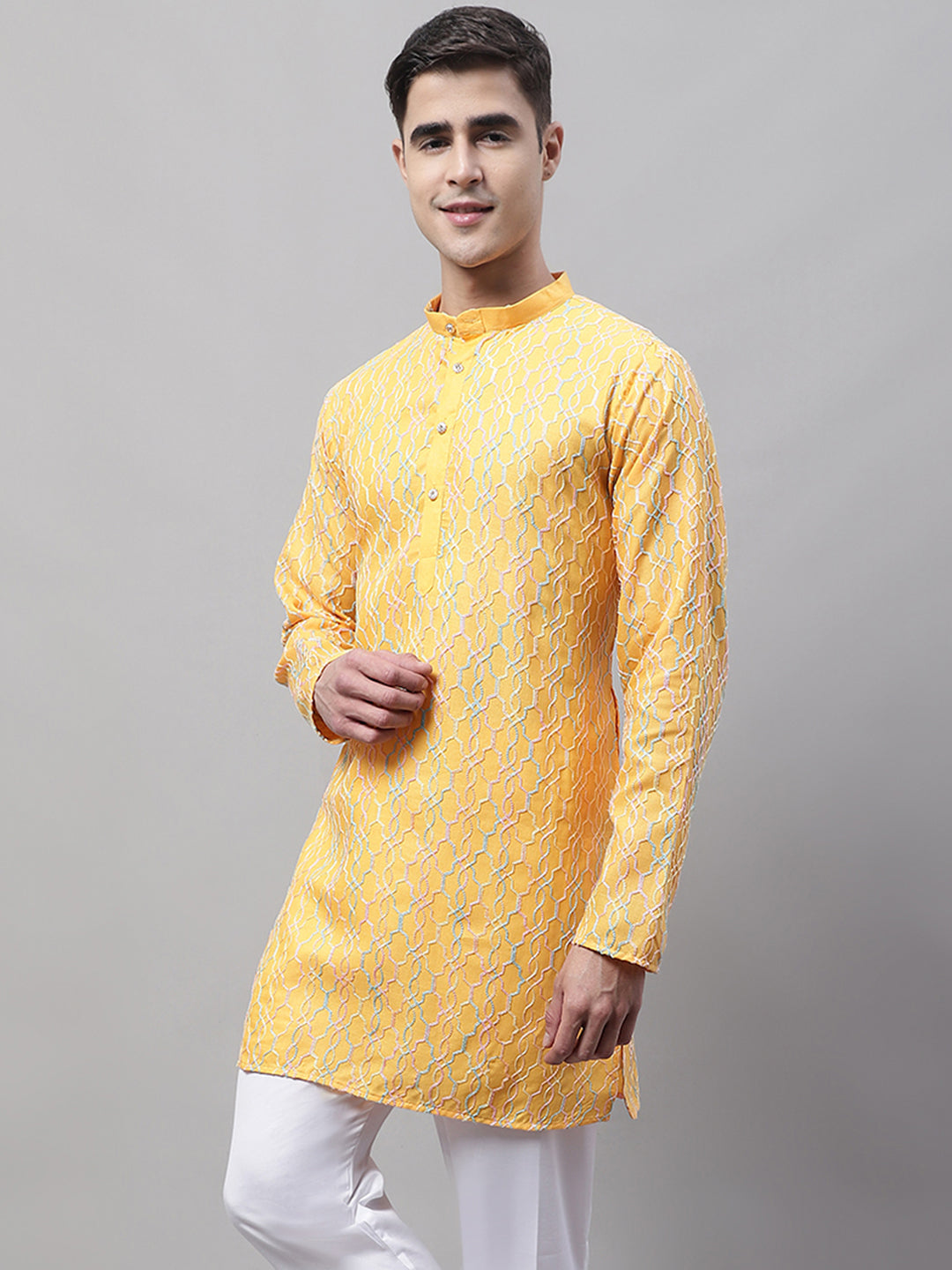 Jompers Men's Mustard and Multi Coloured Embroidered Straight Kurta - Distacart