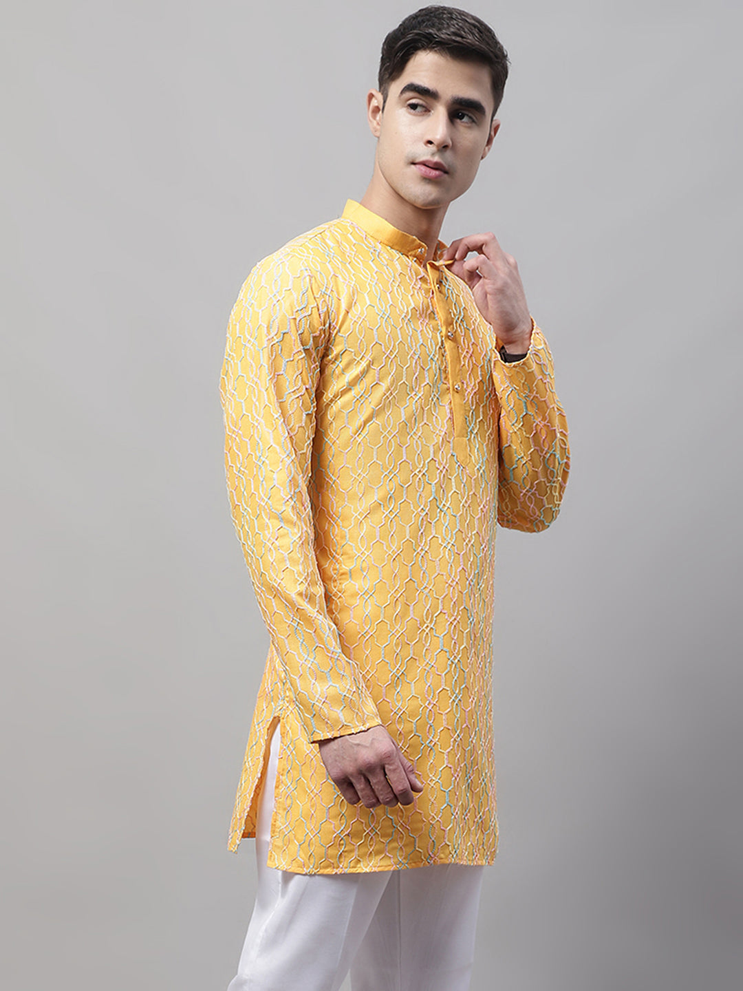 Jompers Men's Mustard and Multi Coloured Embroidered Straight Kurta - Distacart
