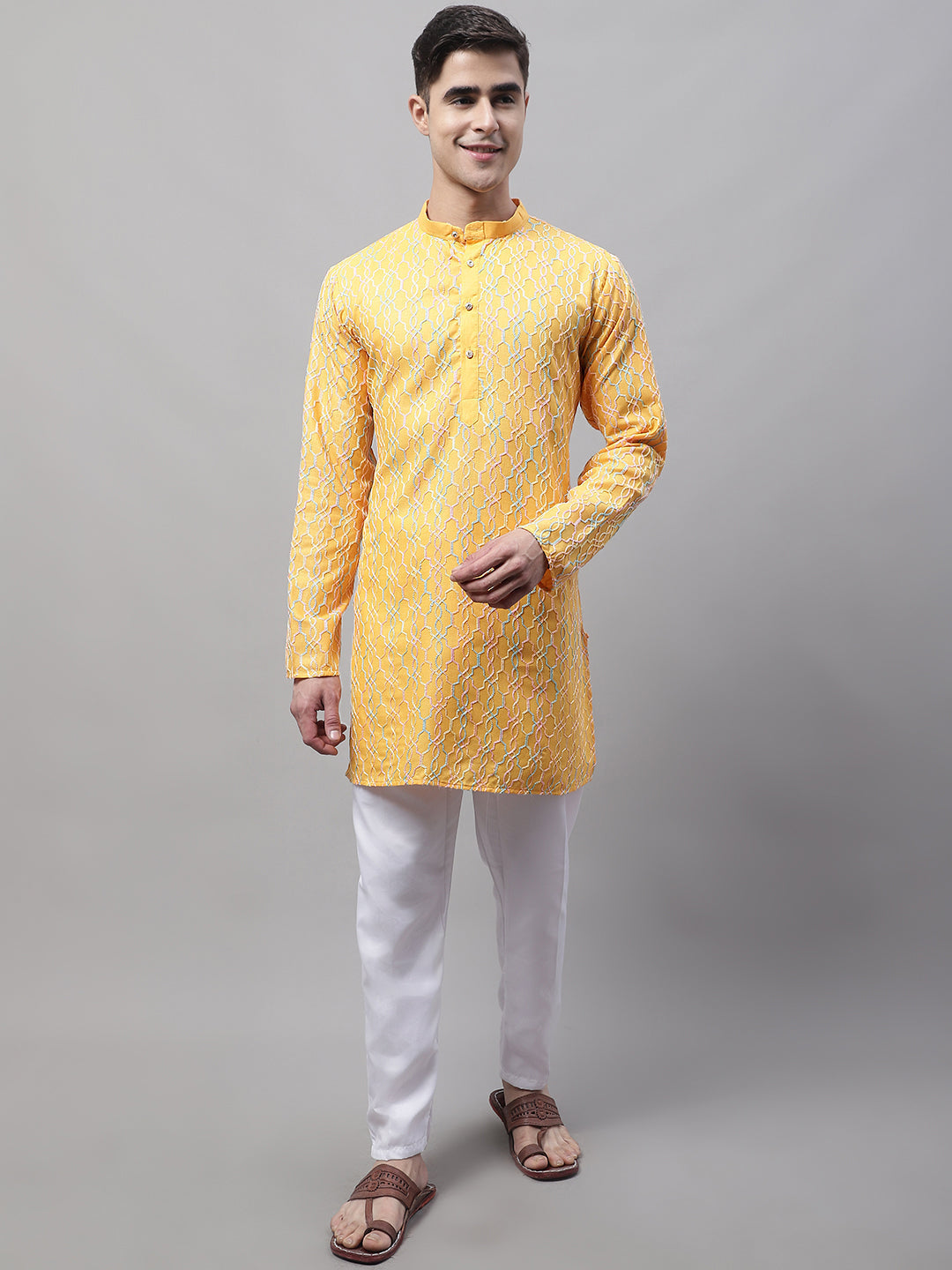Jompers Men's Mustard and Multi Coloured Embroidered Straight Kurta - Distacart