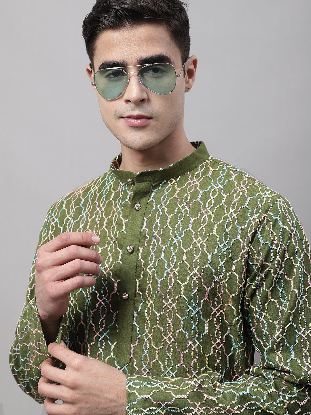 Jompers Men's Olive Green and Multi Coloured Embroidered Straight Kurta - Distacart