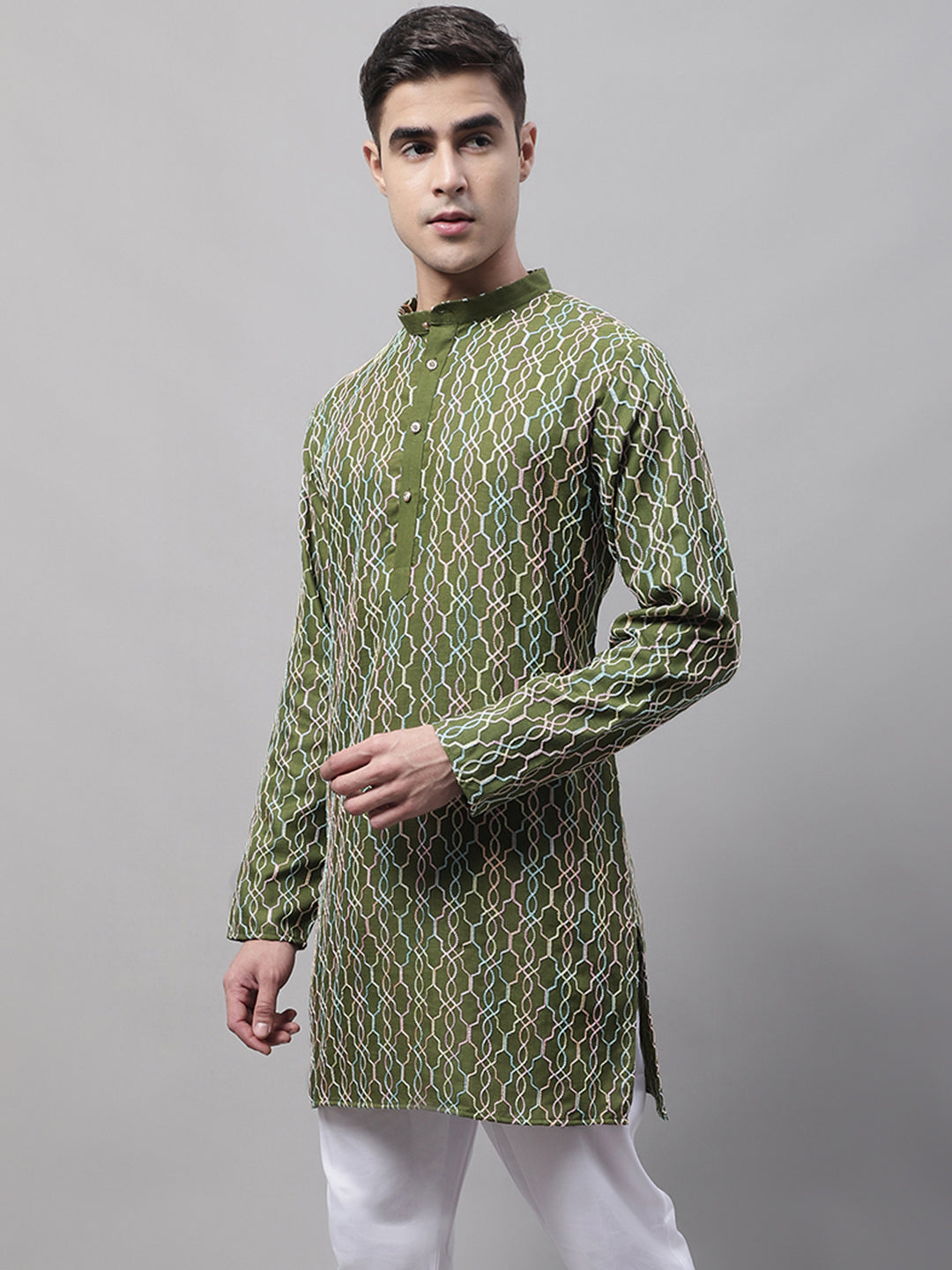 Jompers Men's Olive Green and Multi Coloured Embroidered Straight Kurta - Distacart