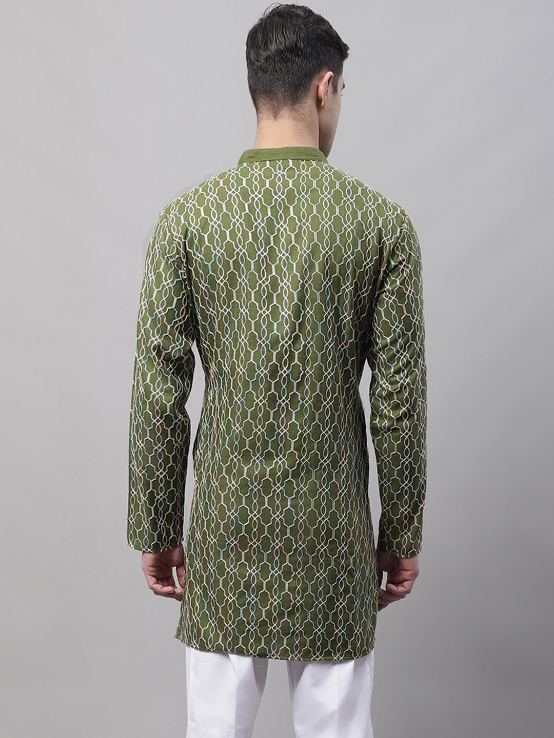 Jompers Men's Olive Green and Multi Coloured Embroidered Straight Kurta - Distacart