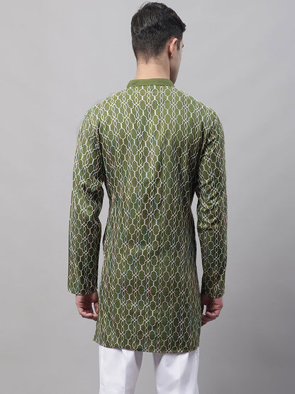 Jompers Men's Olive Green and Multi Coloured Embroidered Straight Kurta - Distacart