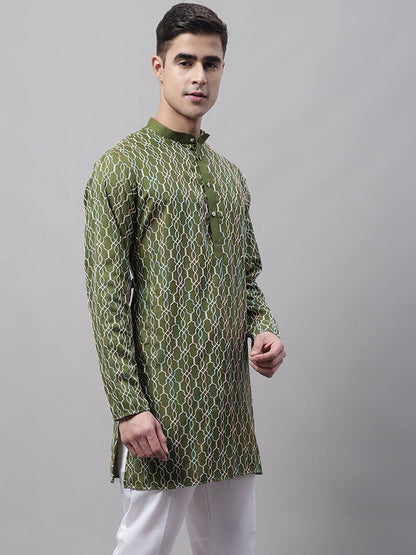 Jompers Men's Olive Green and Multi Coloured Embroidered Straight Kurta - Distacart