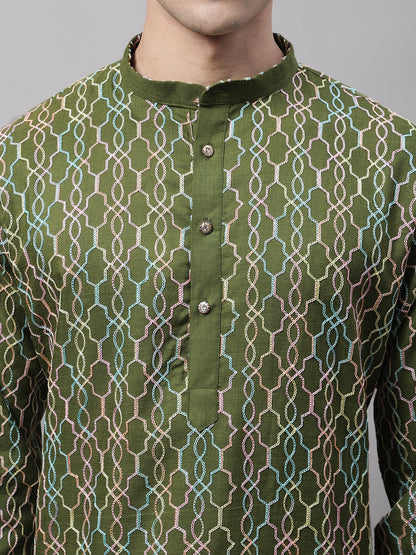 Jompers Men's Olive Green and Multi Coloured Embroidered Straight Kurta - Distacart