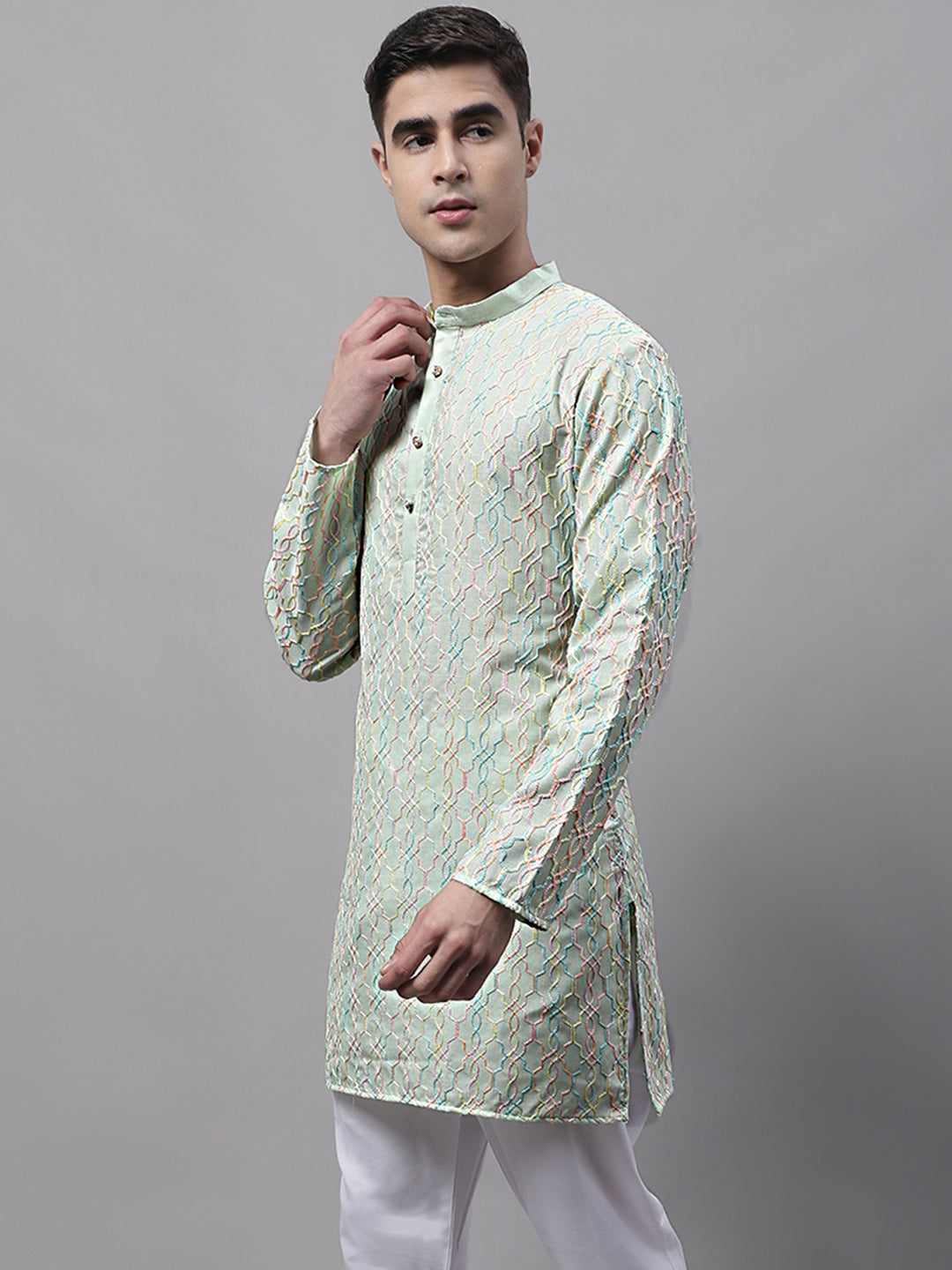 Jompers Men's Pista Green and Multi Coloured Embroidered Straight Kurta - Distacart