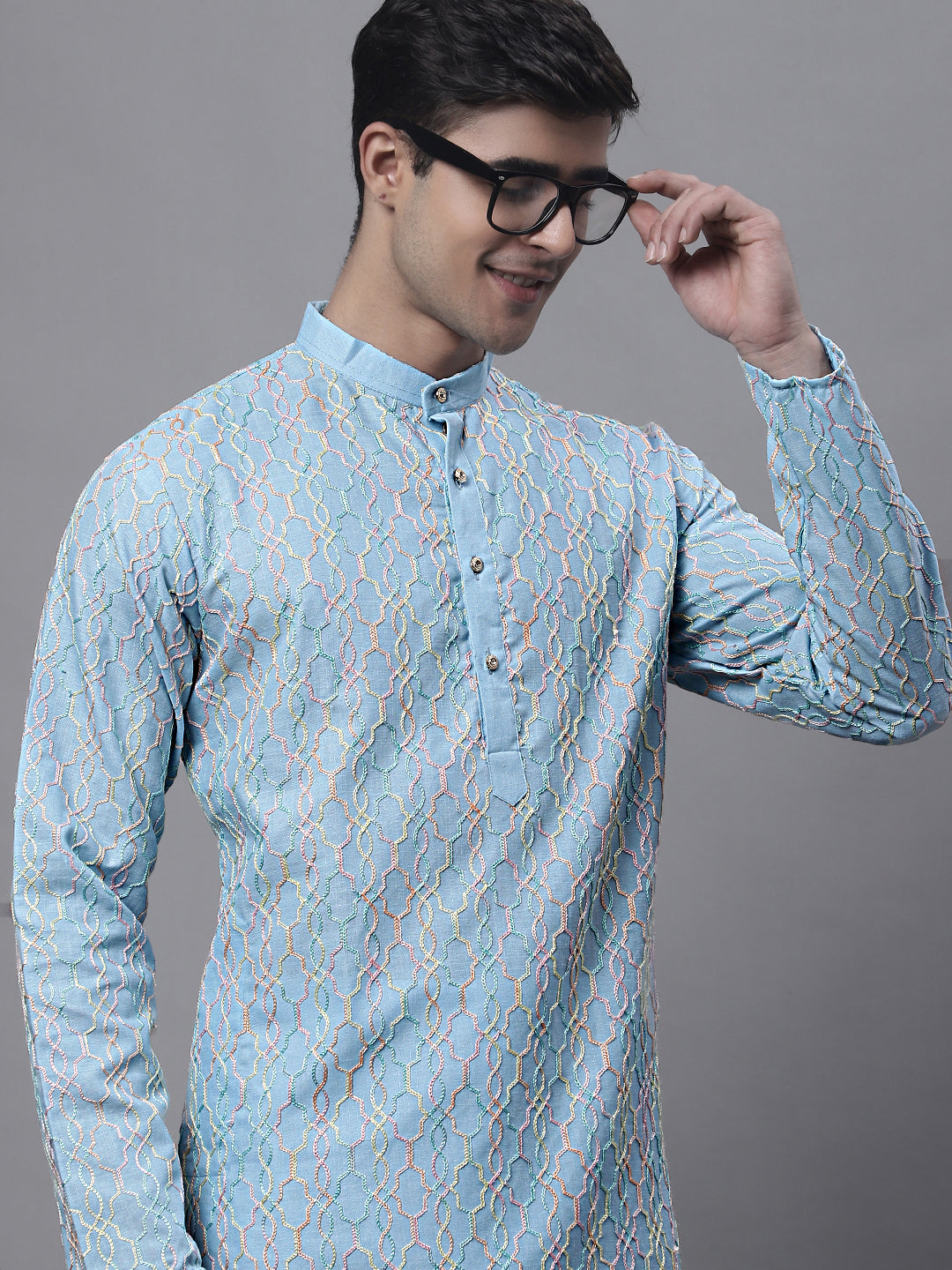Jompers Men's Sky Blue and Multi Coloured Embroidered Straight Kurta - Distacart