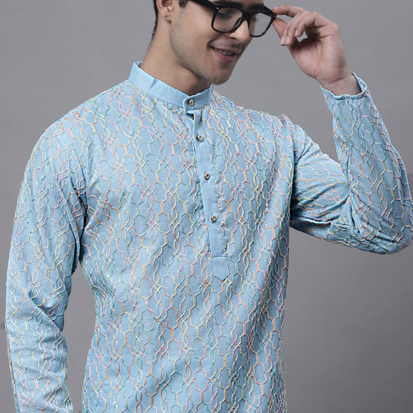 Jompers Men's Sky Blue and Multi Coloured Embroidered Straight Kurta - Distacart