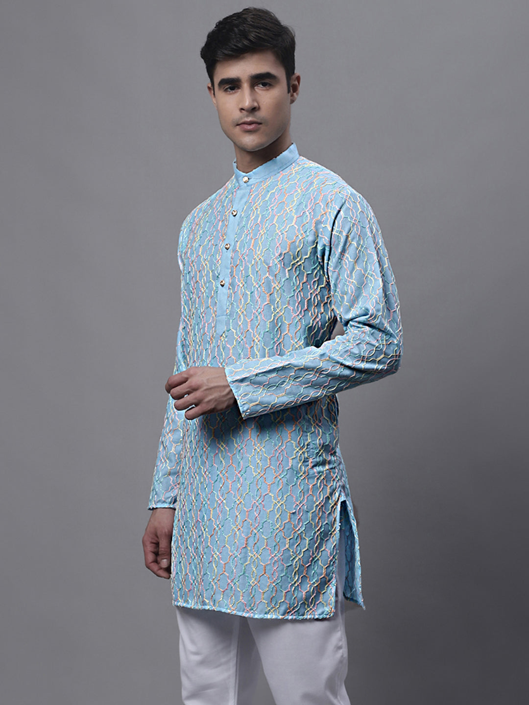 Jompers Men's Sky Blue and Multi Coloured Embroidered Straight Kurta - Distacart