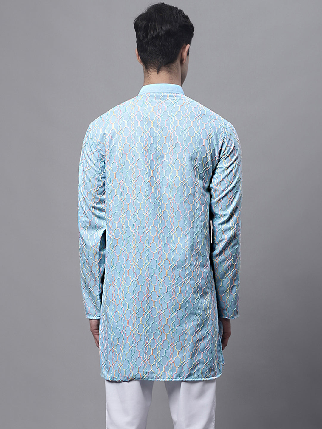 Jompers Men's Sky Blue and Multi Coloured Embroidered Straight Kurta - Distacart