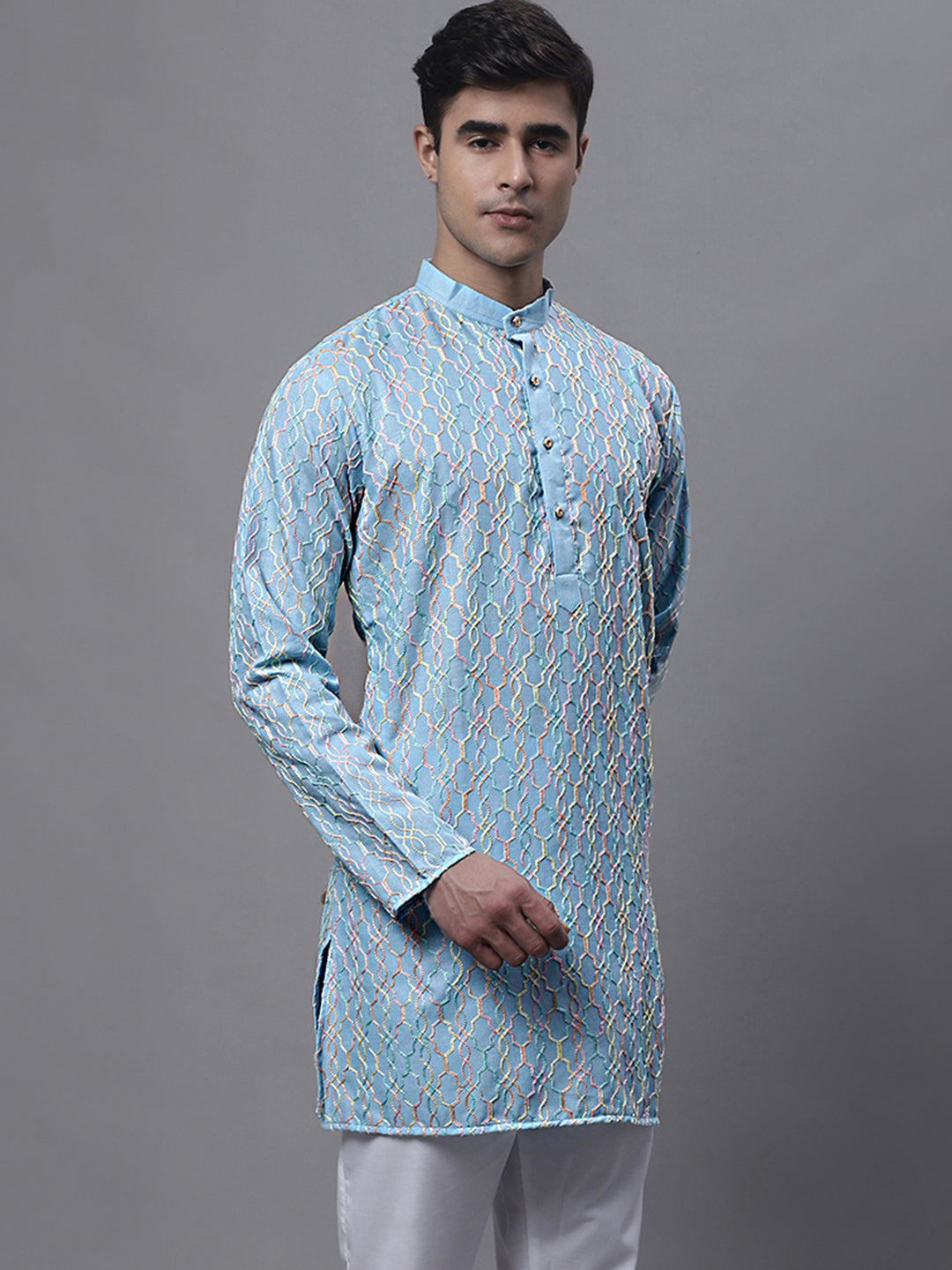 Jompers Men's Sky Blue and Multi Coloured Embroidered Straight Kurta - Distacart