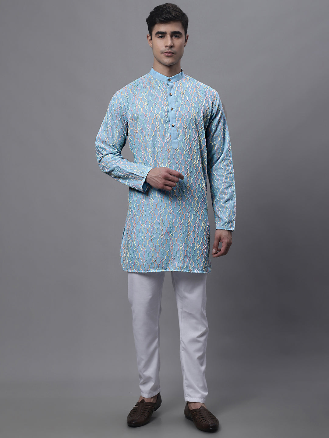 Jompers Men's Sky Blue and Multi Coloured Embroidered Straight Kurta - Distacart