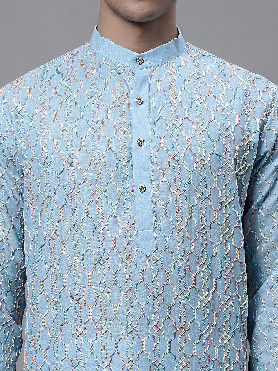 Jompers Men's Sky Blue and Multi Coloured Embroidered Straight Kurta - Distacart