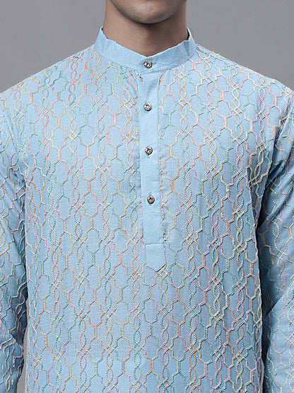 Jompers Men's Sky Blue and Multi Coloured Embroidered Straight Kurta - Distacart