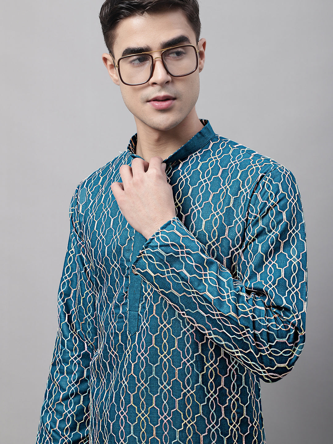 Jompers Men's Teal Blue and Multi Coloured Embroidered Straight Kurta - Distacart